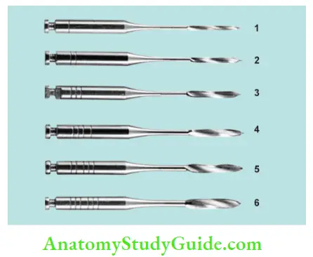 Endodontic Instruments 1 to 6 numbers Peeso reamers from tip diameter of 0.7 to 1.7 mm.