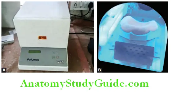 Fabrication of Denture Base Record Base light curing of acrylic resin in the curing chamber