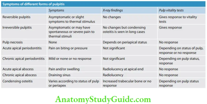 Pathologies Of Pulp And Periapex Notes Symptoms of diffrent forms of pulpitis