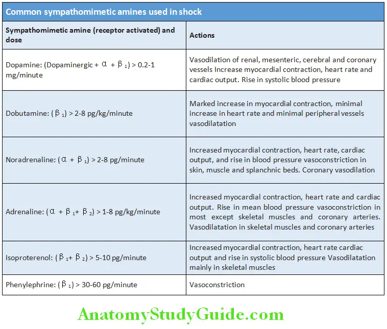 Cardiology Common sympathomimetic amines used in shock
