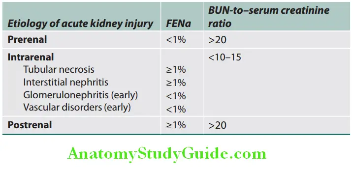 Kidney Values of FENa (fractional excretion of sodium) and BUN-toserum creatinine ratio in various causes of acute kidney injury