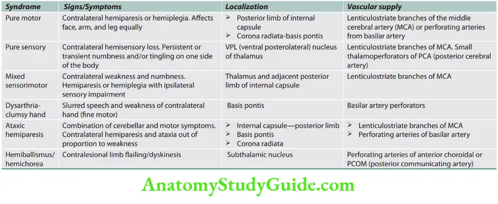 Neurology Signs and symptoms of lacunar stroke depending on location of lesion